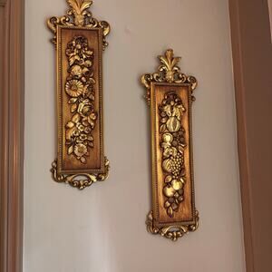 Syroco Vintage Gold Floral w/Fruit Hollywood Regency Set 2 Wall Plaques 20 in
